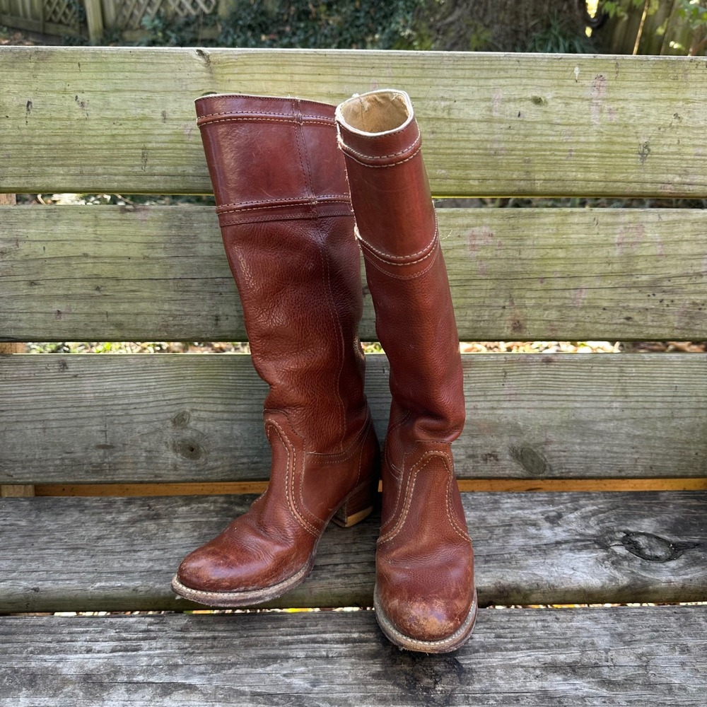 Frye Jane Stitch Riding Boots 77230 Redwood Brown Leather Knee High Tall Size 6B - Picture 2 of 9